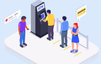 People using interfaces isometric colored composition queue at ATM to withdraw money vector illustration 