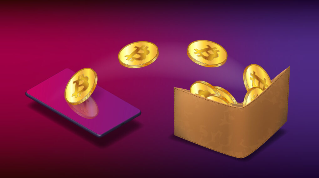 Bitcoin golden coins fly from isometric cellphone into leather wallet on purple background. Concept of transferring BTC cryptocurrency to wallet using phone. Banner for news. Vector illustration.