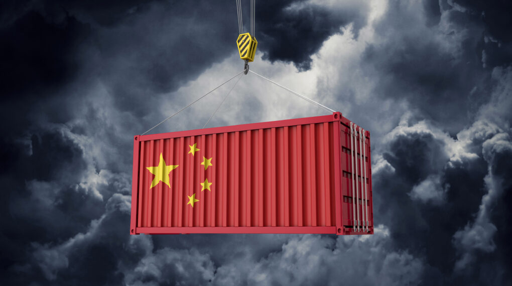 China trade cargo container hanging against dark clouds. 3D Render