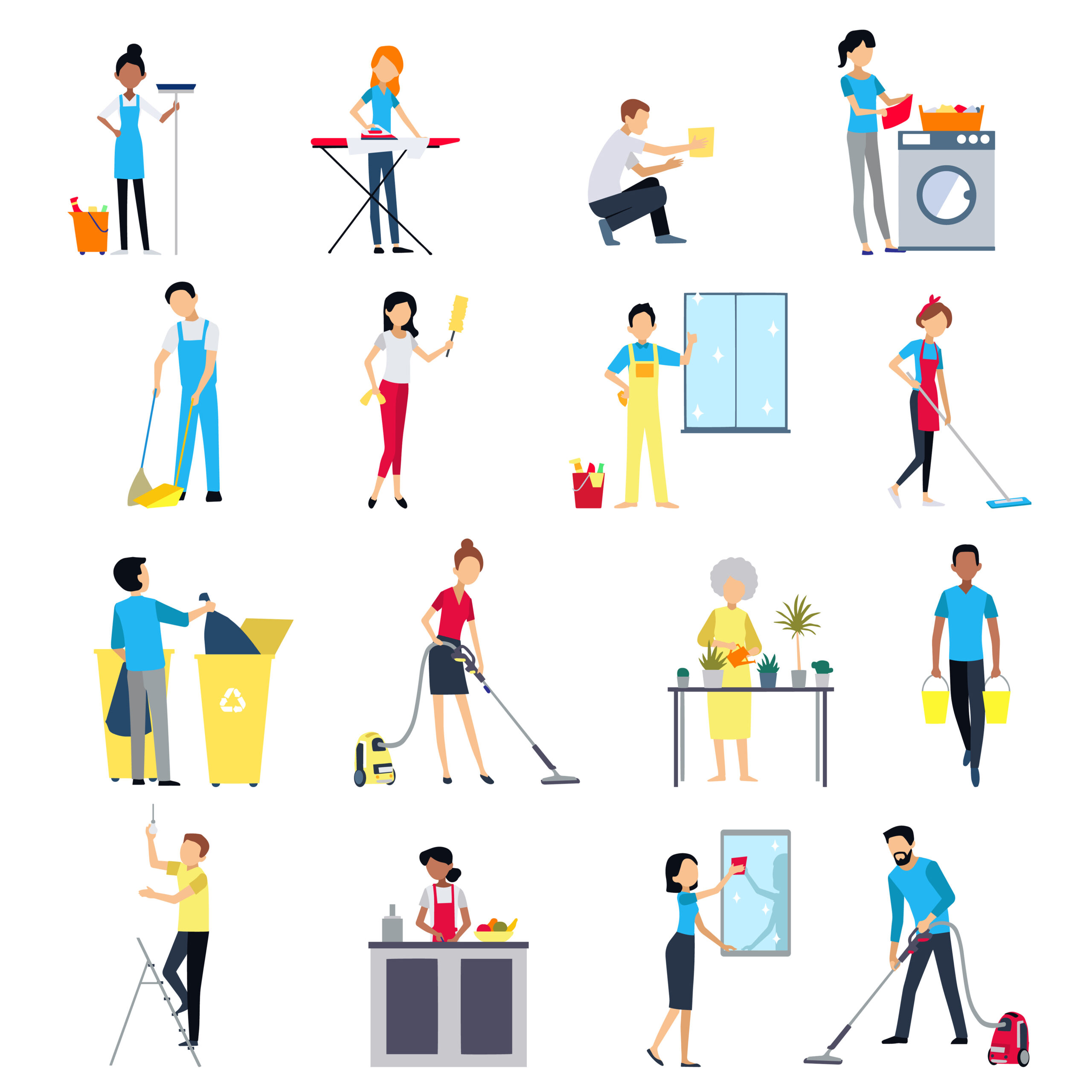 Cleaning people flat colored icons set with men and women house working cleaning washing isolated vector illustration