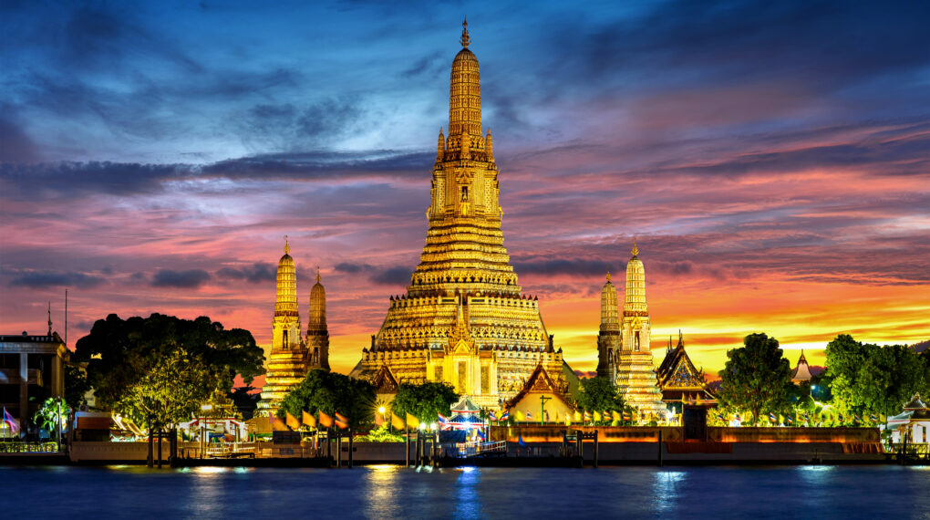 Wat Arun temple at twilight in Bangkok, Thailand.