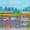 Transport in city poster with people and movement of airplane train tram bus individual vehicles vector illustration