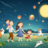 Cute Mid autumn festival poster with family admiring the full moon and sky lanterns together, Happy holiday written in Chinese words