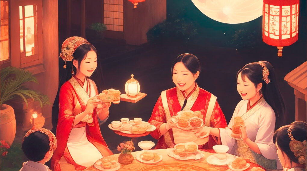 Happy Chinese Family celebrating Mid Autumn on a full moon background 