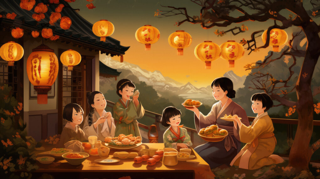 Chinese family celebrating Mid-autumn Festival 