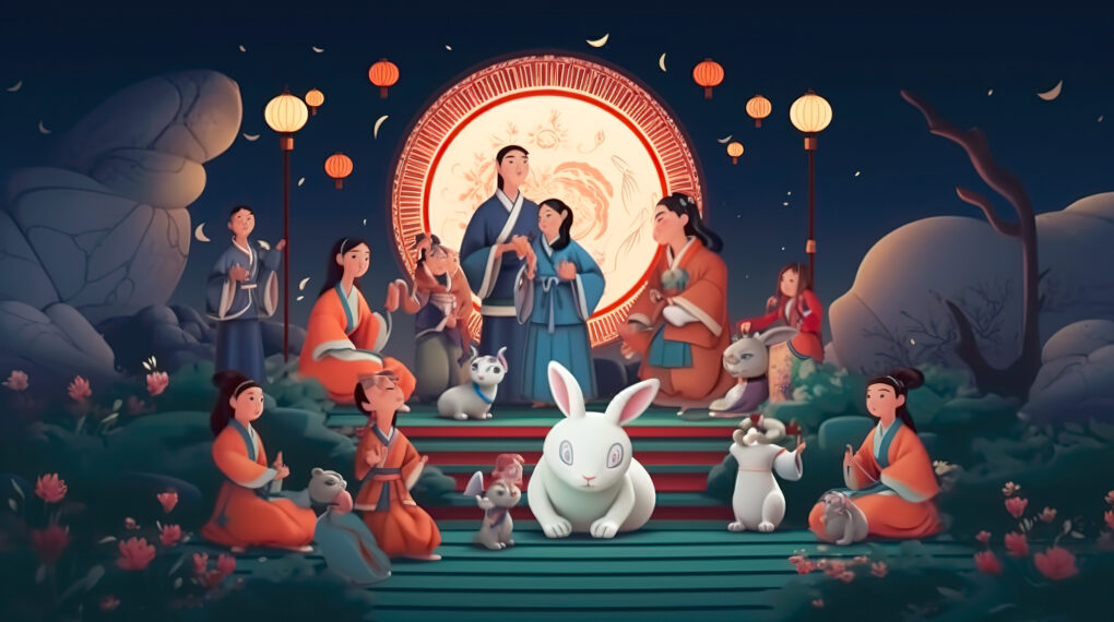 Chinese celebrating Mid-Autumn with a full moon background 