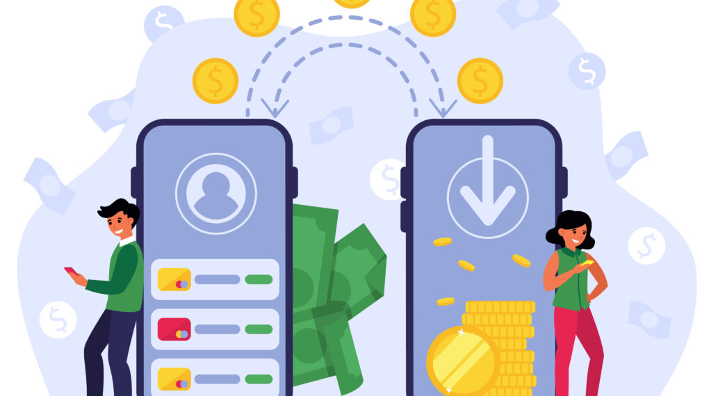 People using mobile bank for remittance of money. Man and woman with smartphones sending coins to each other. Vector illustration for cashless transactions, financial app, payment transfer concept