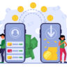 People using mobile bank for remittance of money. Man and woman with smartphones sending coins to each other. Vector illustration for cashless transactions, financial app, payment transfer concept